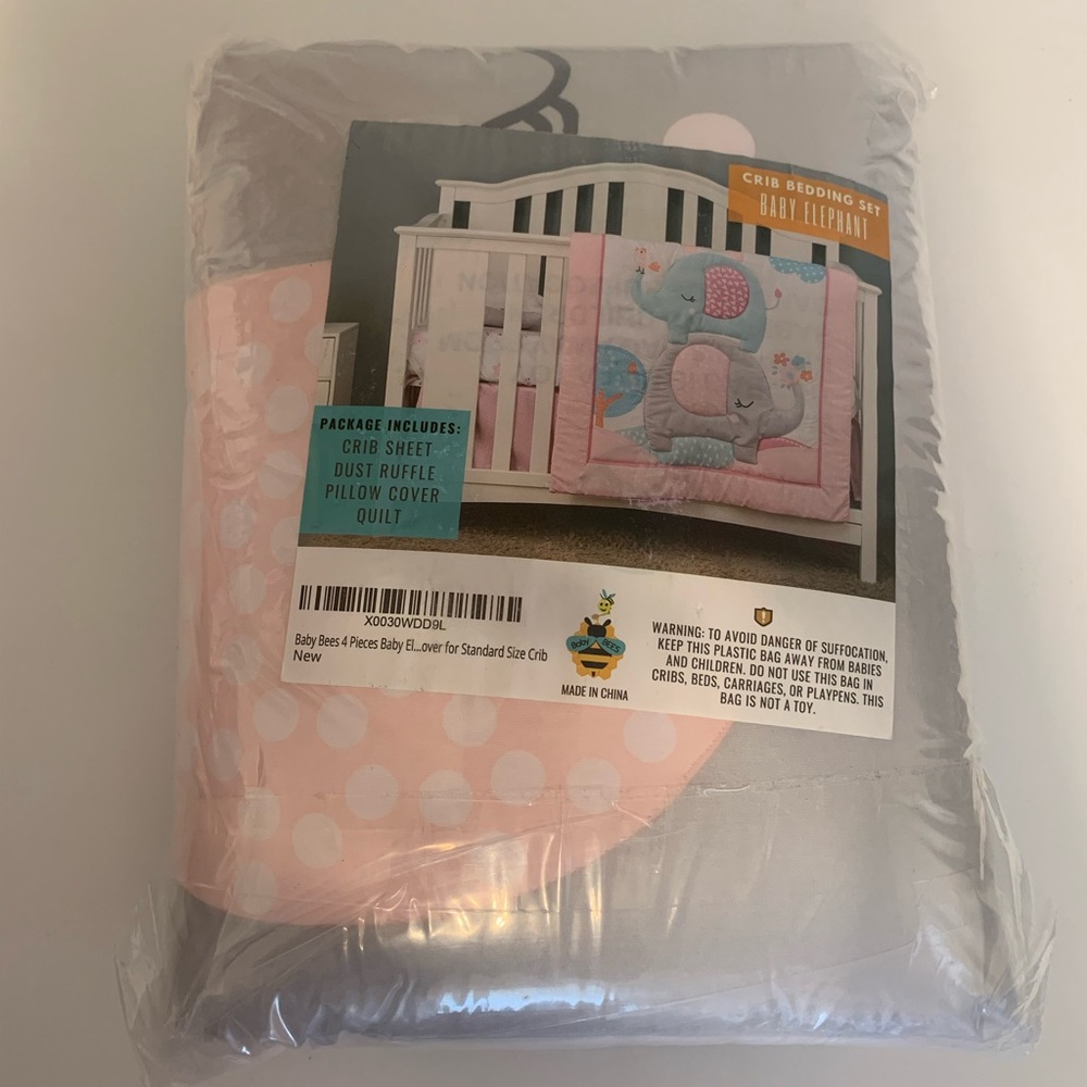 Baby crib set 4 piece pink, aqua blue and gray elephant